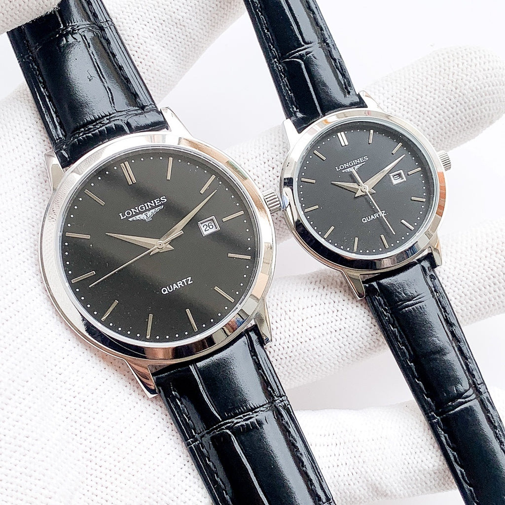 Longines quartz watch with dark dial and black leather strap, silver case