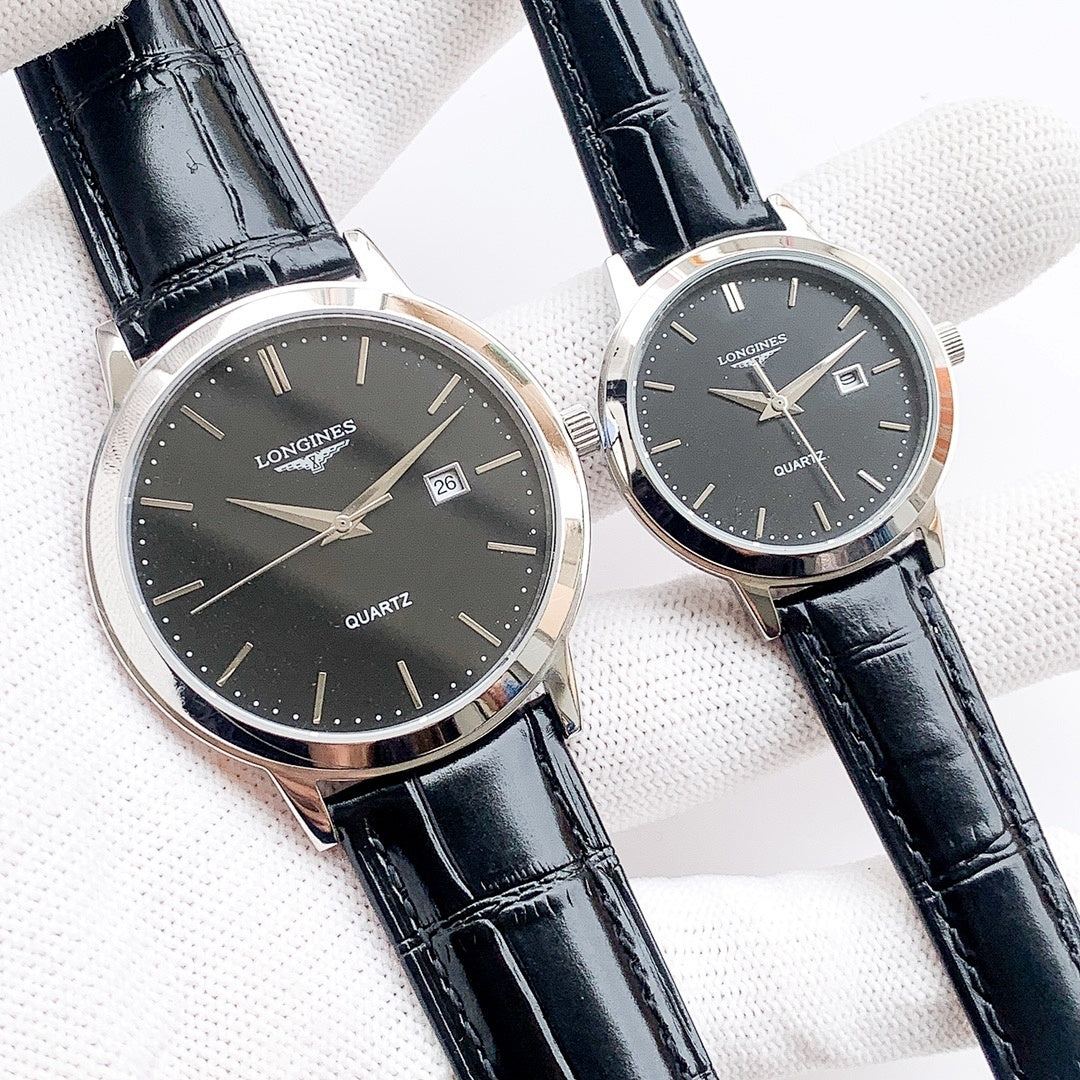 Longines quartz watch with dark dial and black leather strap, silver case