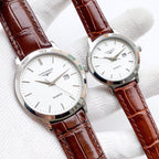 Longines quartz watch with white dial and brown leather strap, two views