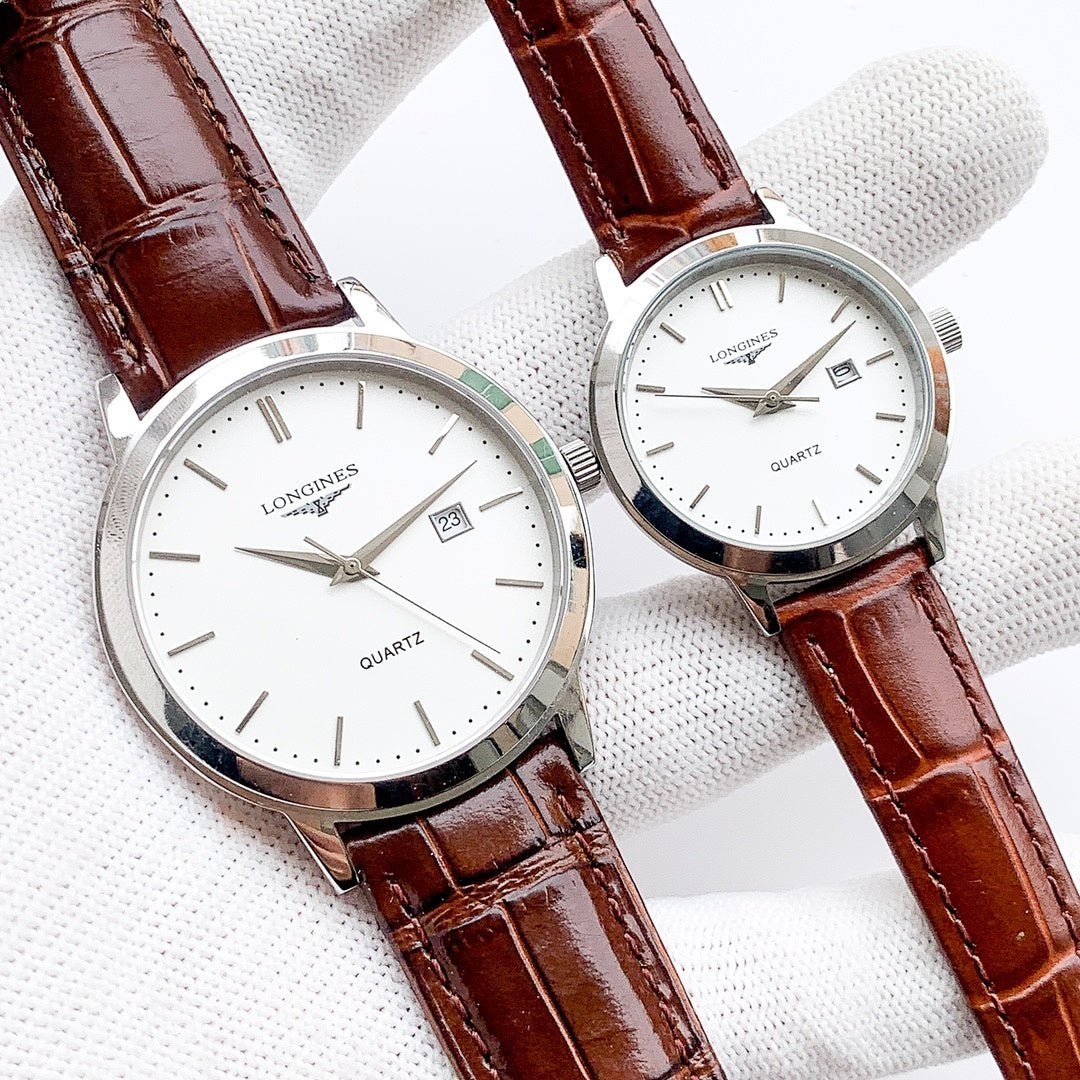 Longines quartz watch with white dial and brown leather strap, two views
