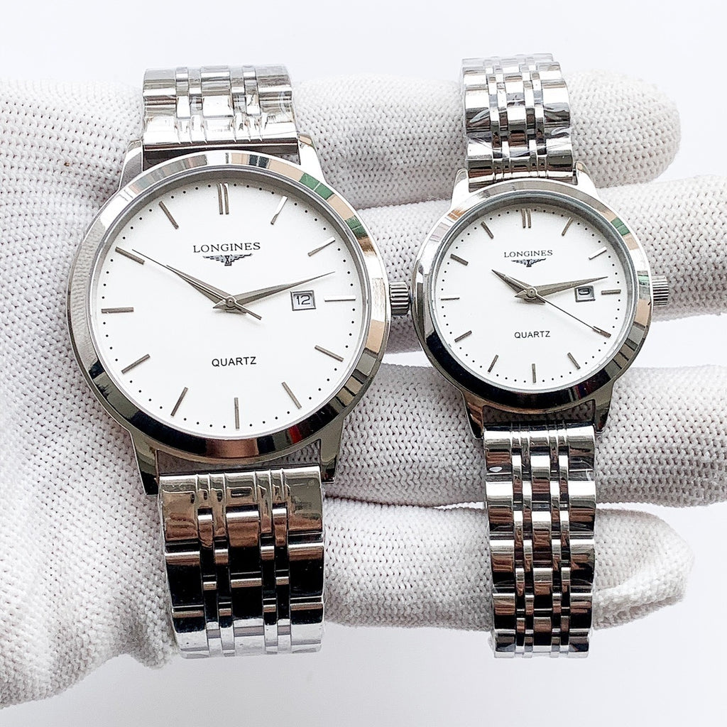 Longines quartz watch with white dial and silver metal bracelet