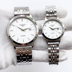 Longines quartz watch with white dial and silver metal bracelet