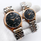 Longines quartz watch with black dial and two-tone rose-gold and steel bracelet