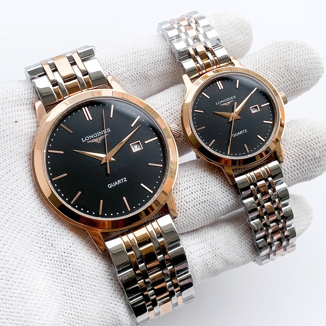 Longines quartz watch with black dial and two-tone rose-gold and steel bracelet
