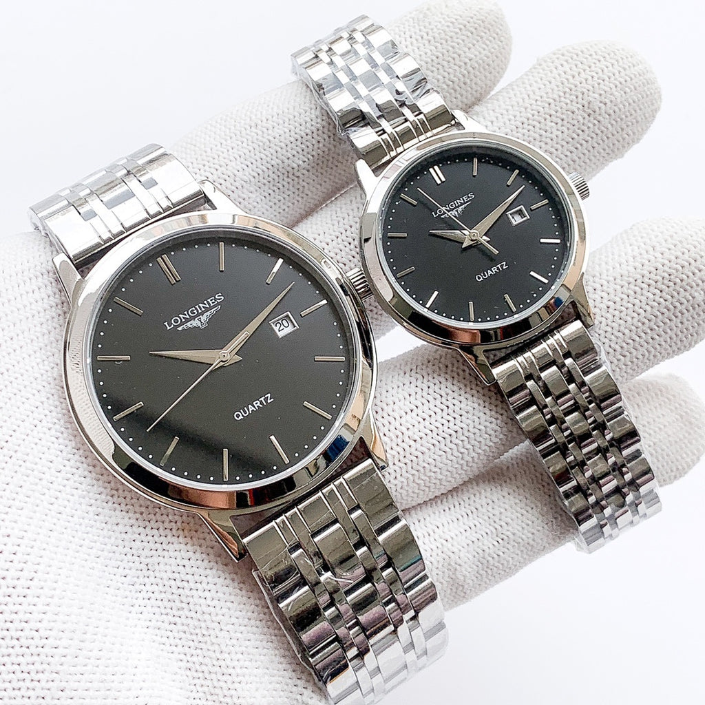 Longines quartz watch with black dial and silver steel bracelet