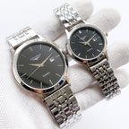Longines quartz watch with black dial and silver steel bracelet