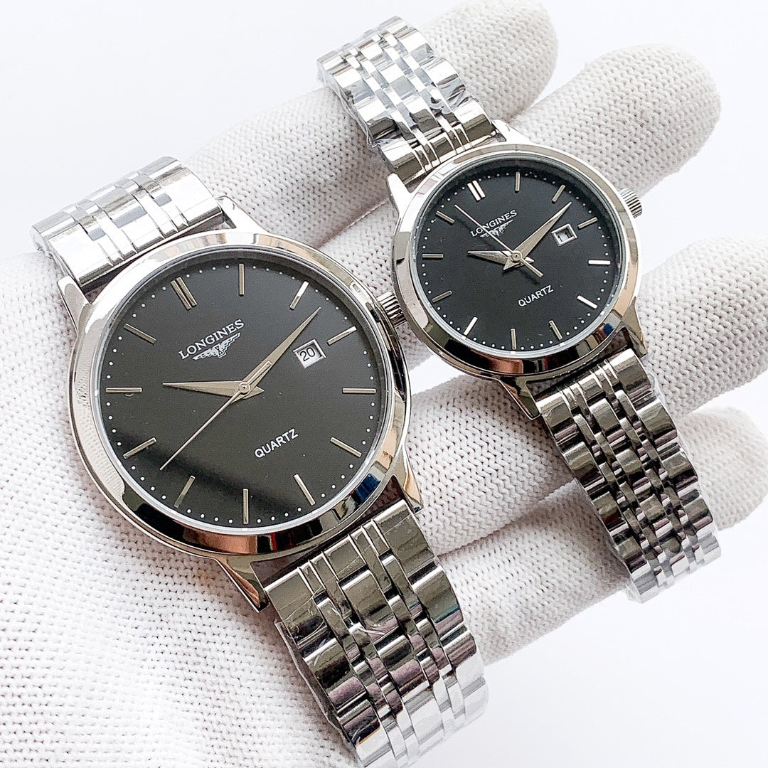 Longines quartz watch with black dial and silver steel bracelet