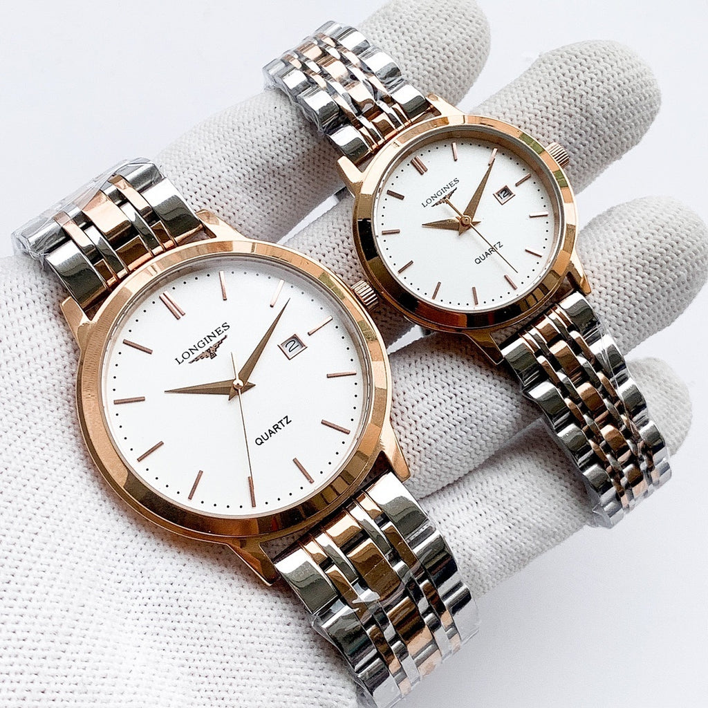 Longines quartz watch with white dial and two-tone rose-gold and steel bracelet