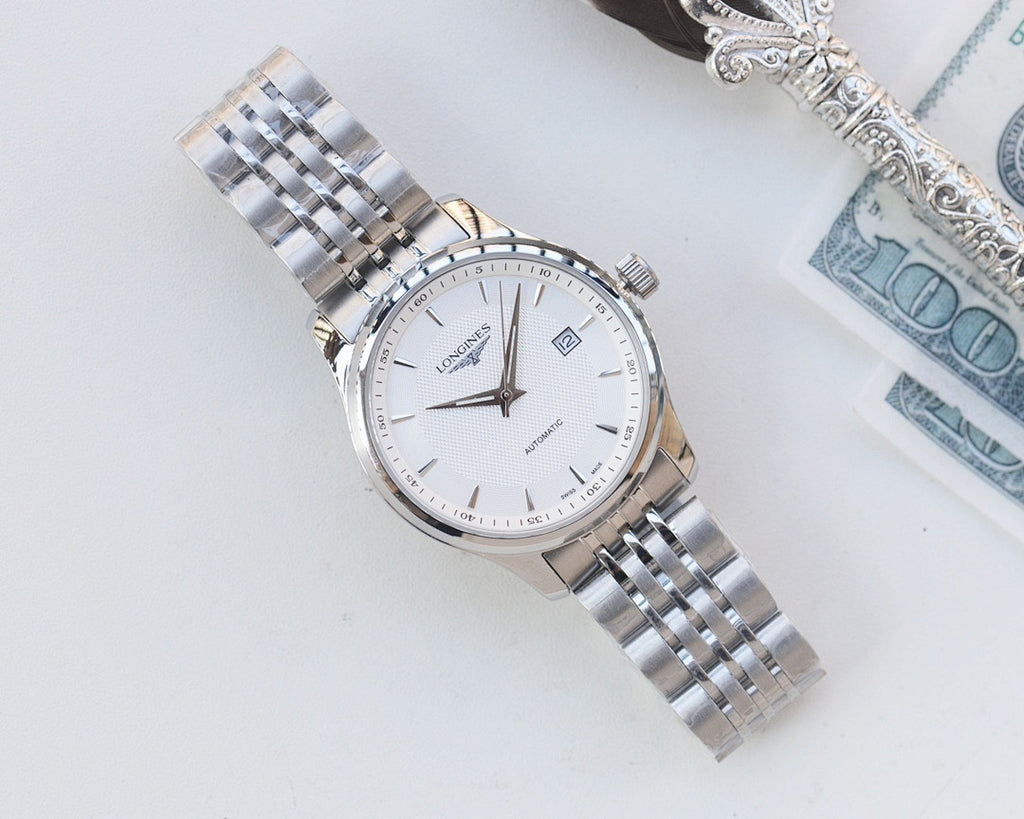 Longines wristwatch with white dial and linked metal bracelet in an angled view