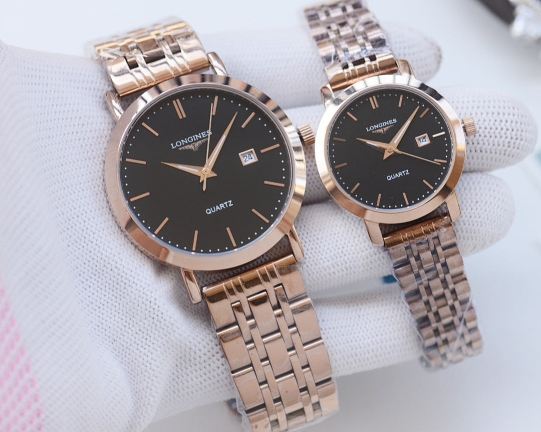 Quartz wristwatches with metal link bracelets and dark dials, rose-gold tone