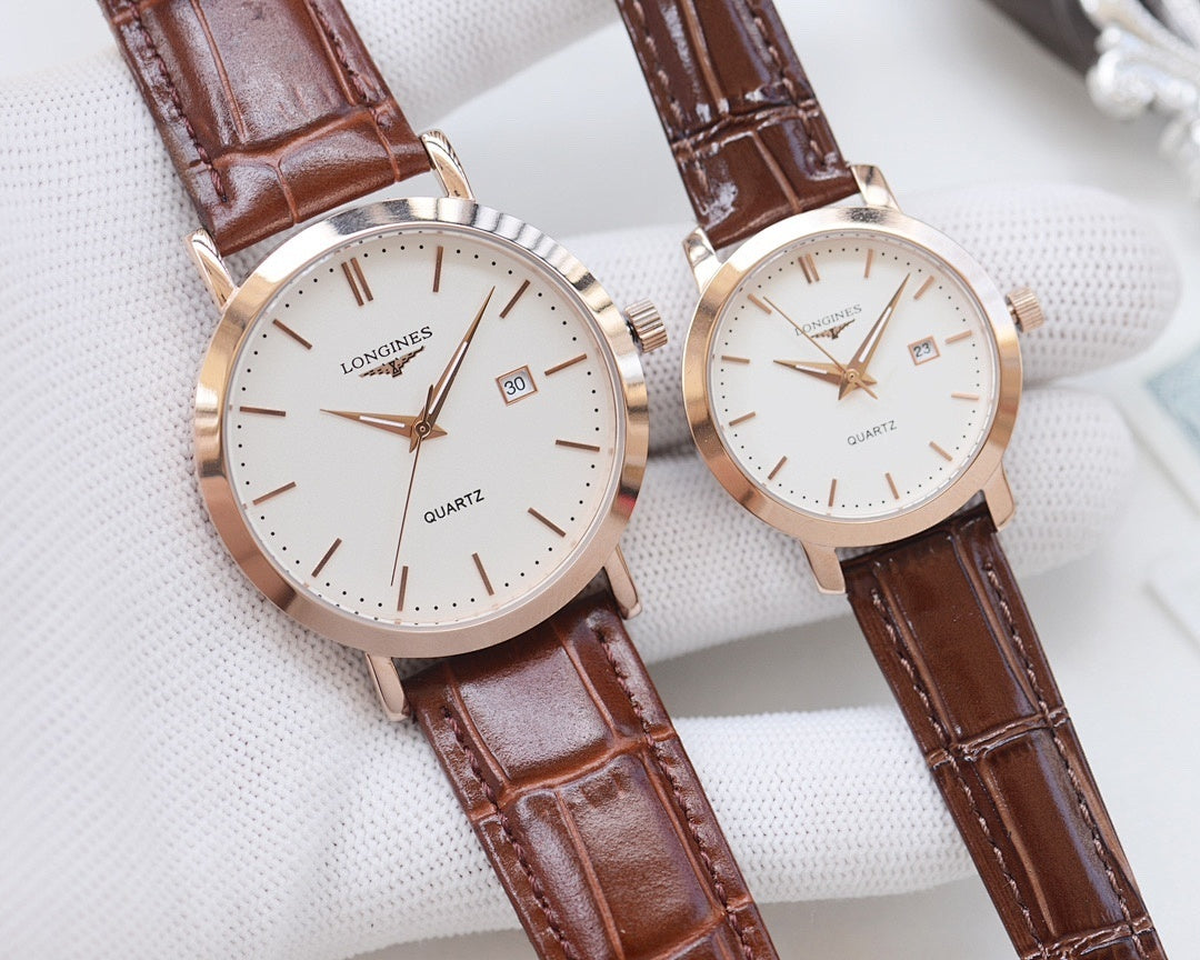 Quartz wristwatches with brown leather straps and white dials, rose-gold cases