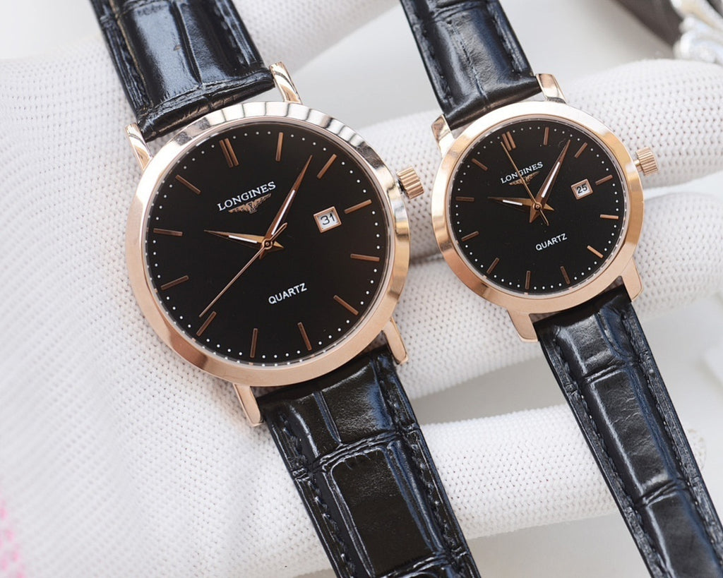 Quartz wristwatches with dark blue leather straps and black dials, rose-gold cases