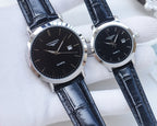 Quartz wristwatches with navy leather straps and black dials, silver cases