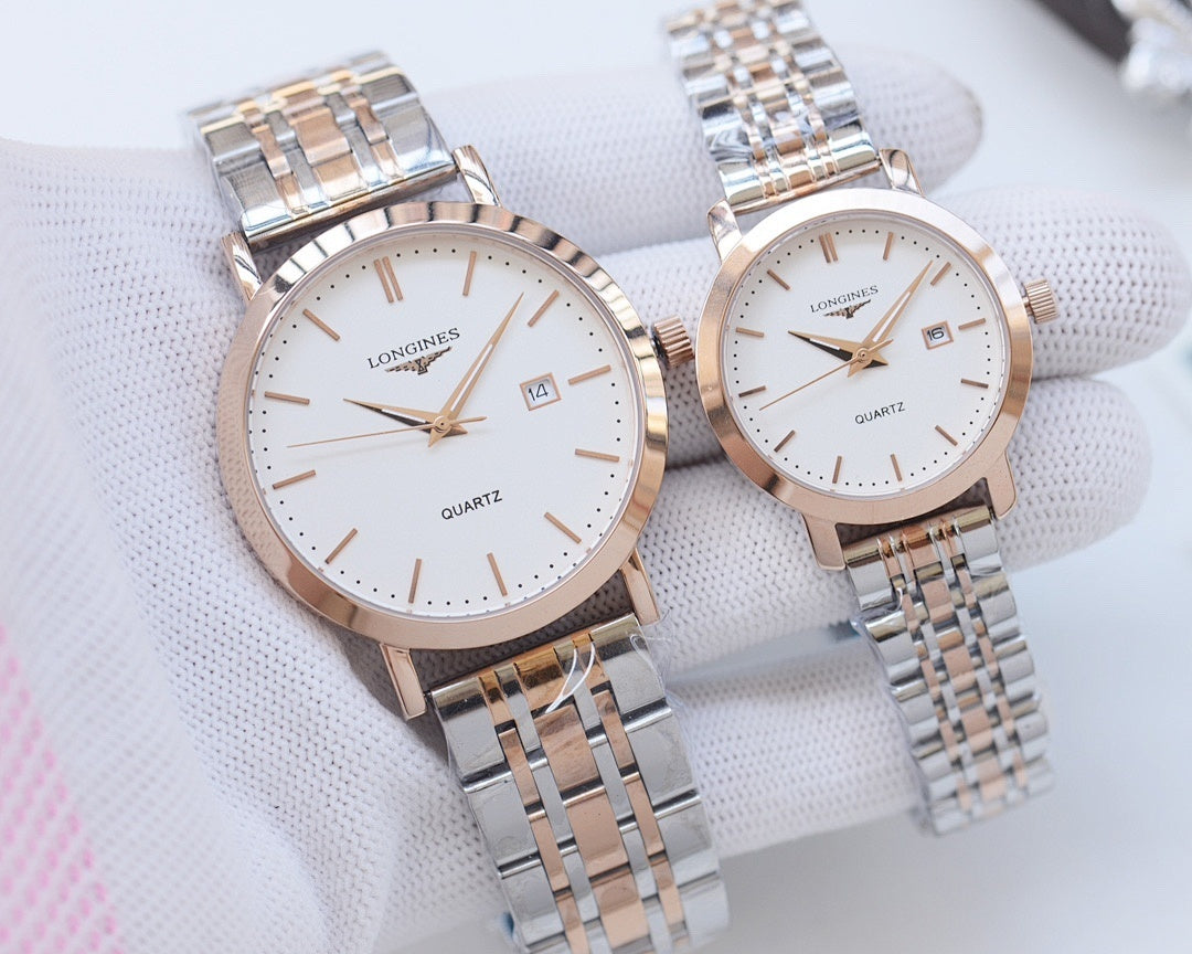 Quartz wristwatches with rose-gold tone steel bracelets and white dials
