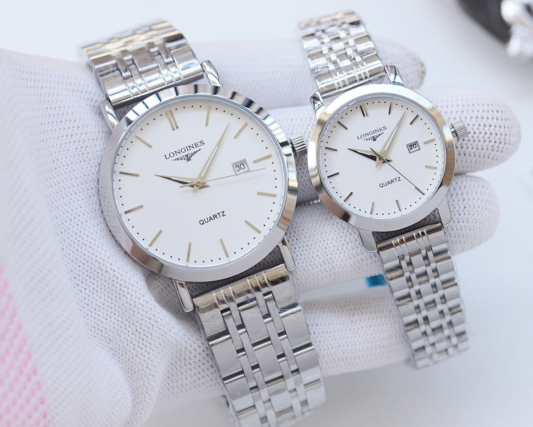 Quartz wristwatches with silver metal bracelets and white dials