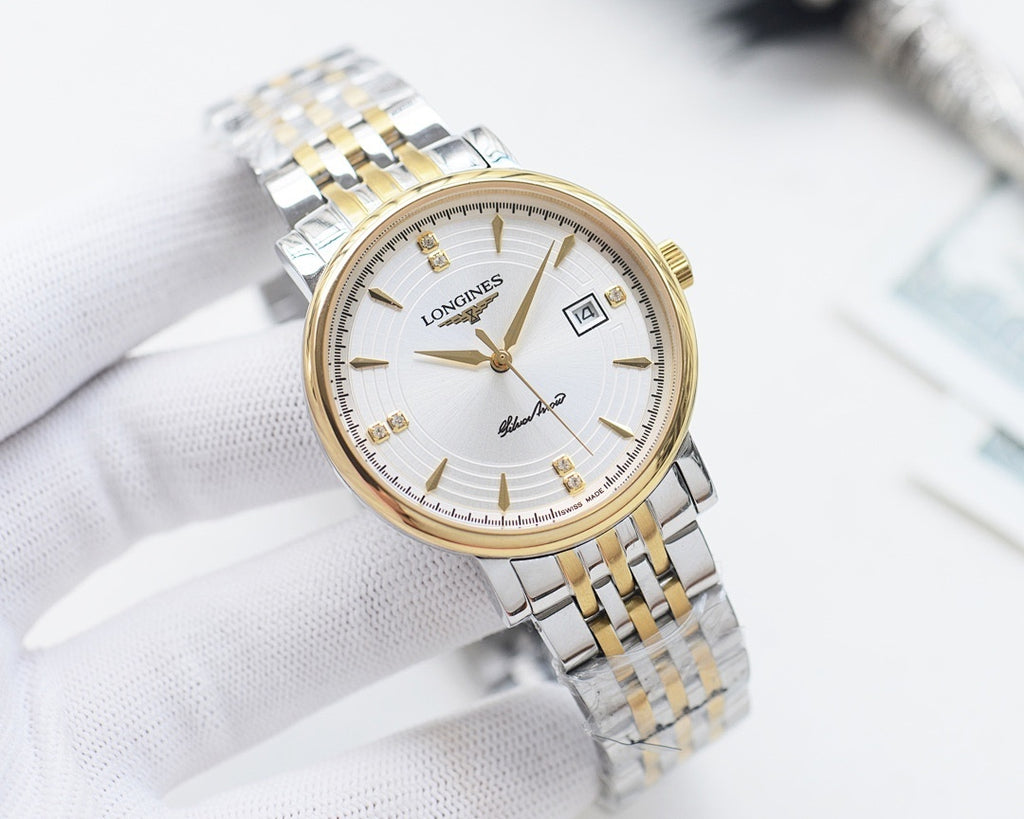 Longines wristwatch with two-tone bracelet, white dial, gold hands and logo markers.