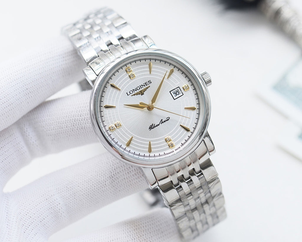 Longines wristwatch with silver-tone metal bracelet, white dial, gold hands and markers.
