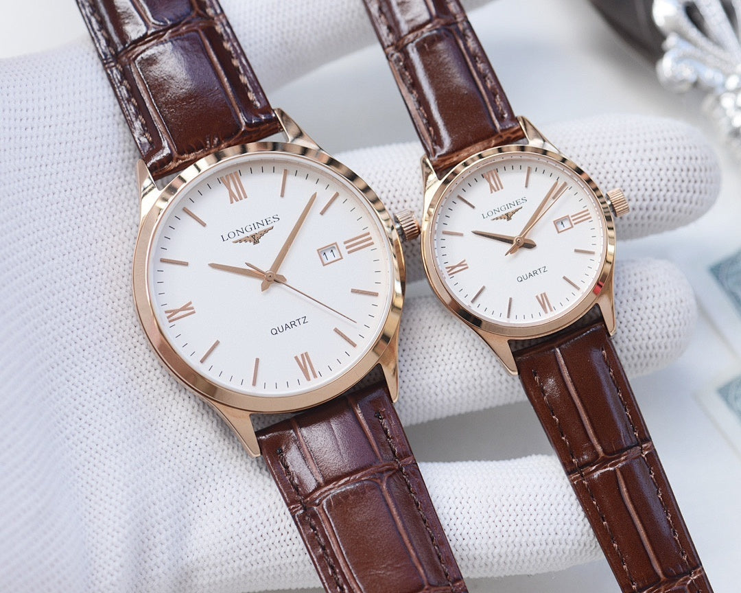 Longines watch pair with rose-tone case, brown leather strap, white dial