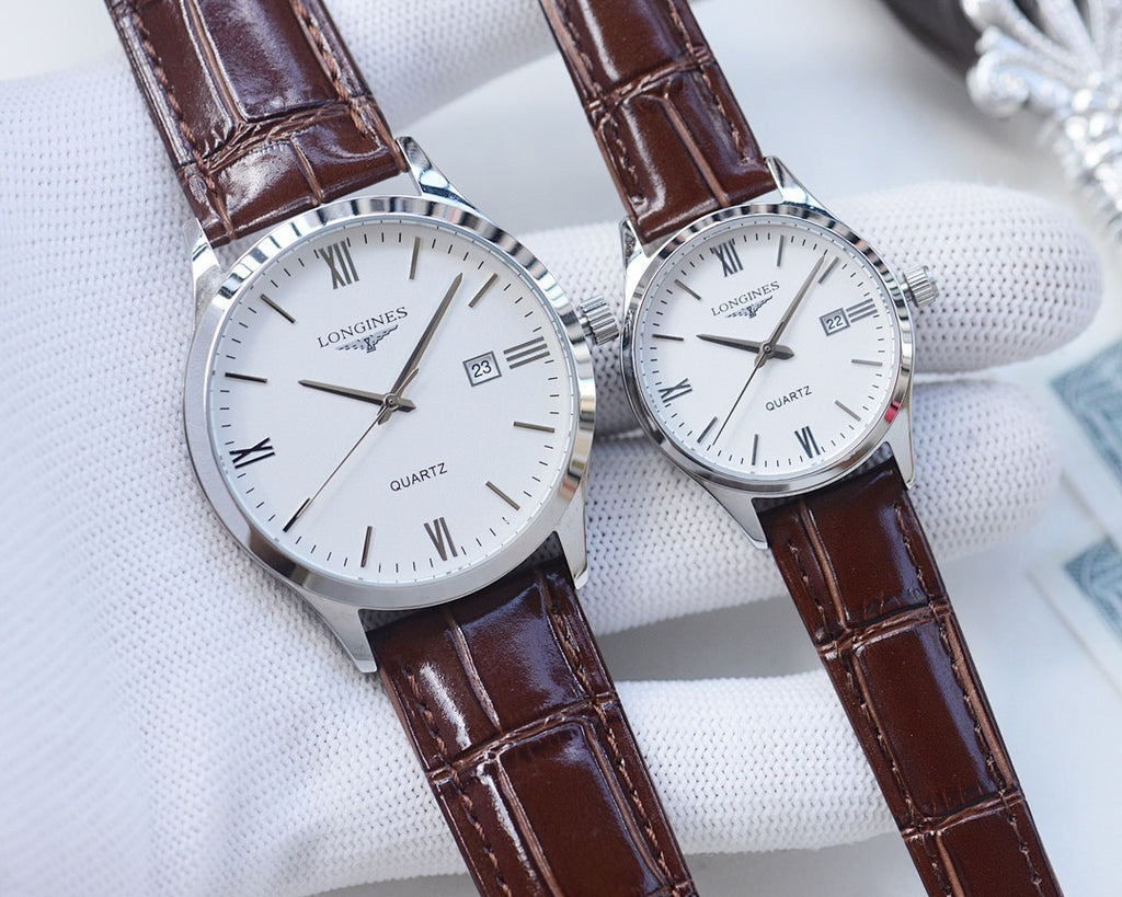 Longines watch pair with rose-tone case, brown leather strap, white dial