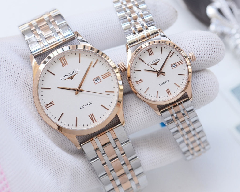 Longines watch pair with two-tone metal bracelet and white dial