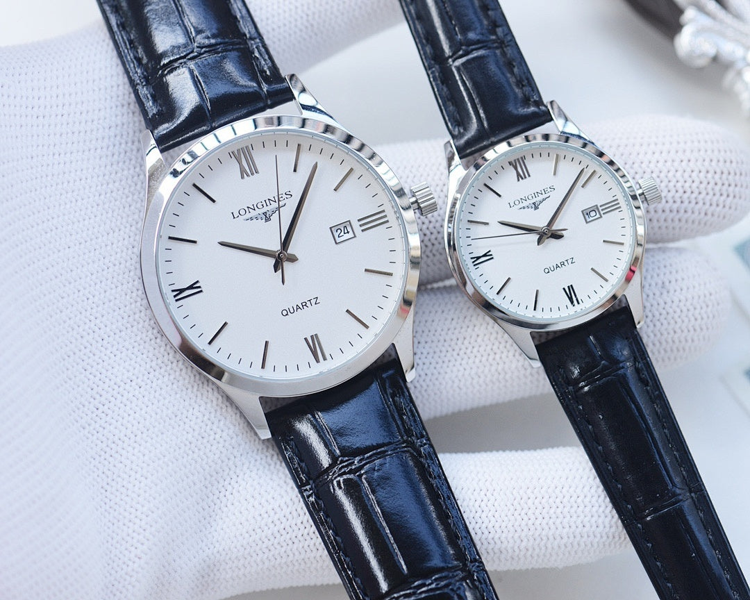Longines watch pair with steel case, blue leather strap, white dial