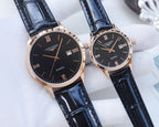 Longines watch pair with rose-tone case, blue leather strap, dark dial
