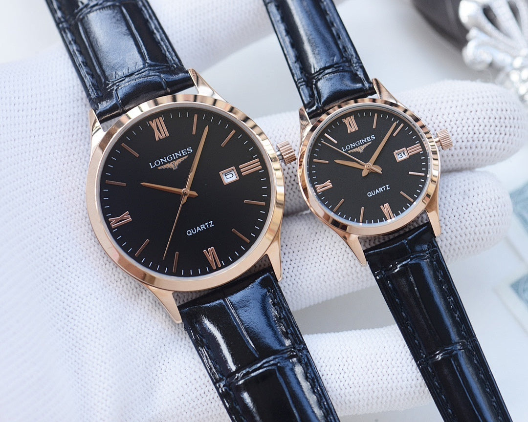 Longines watch pair with rose-tone case, blue leather strap, dark dial