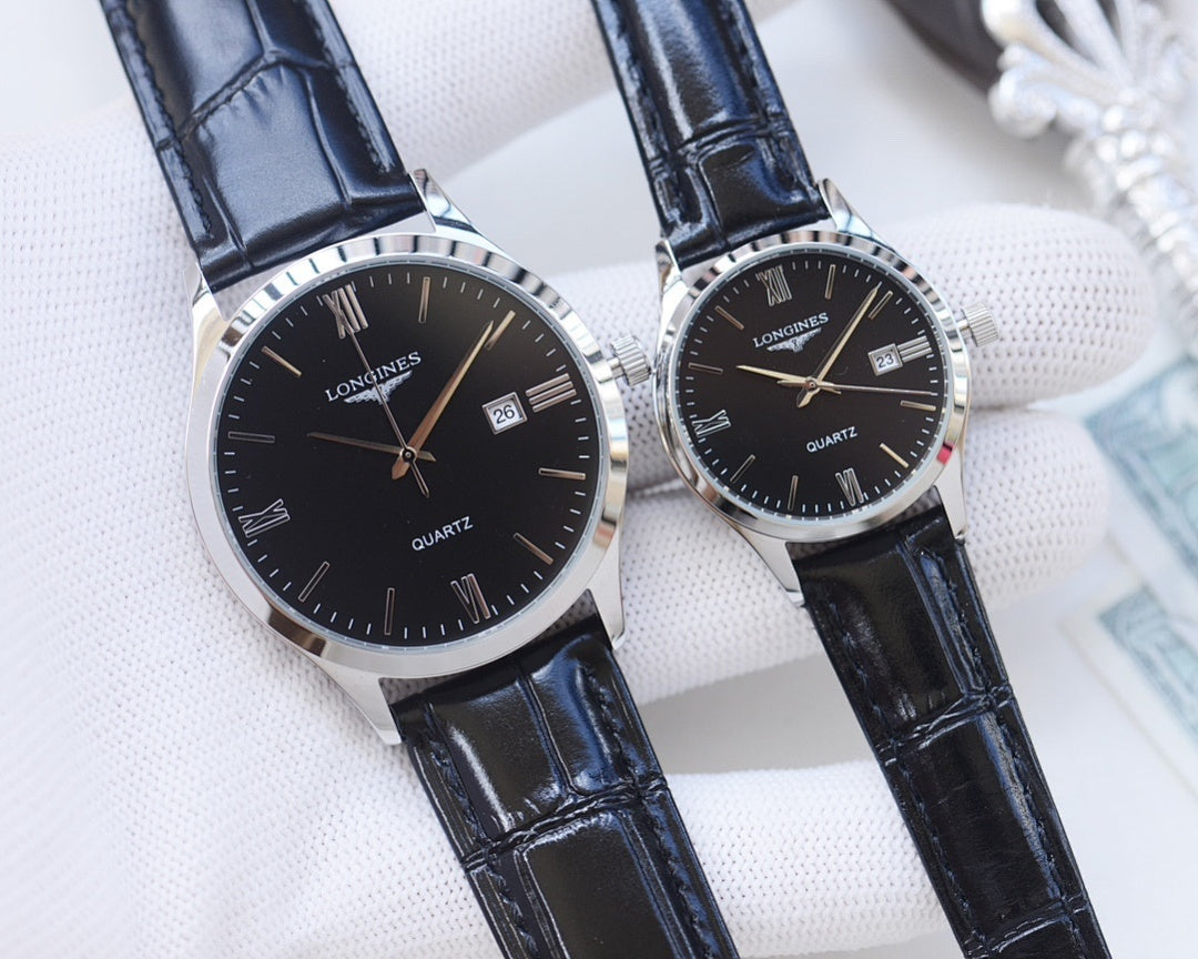 Longines watch pair with steel case, blue leather strap, black dial