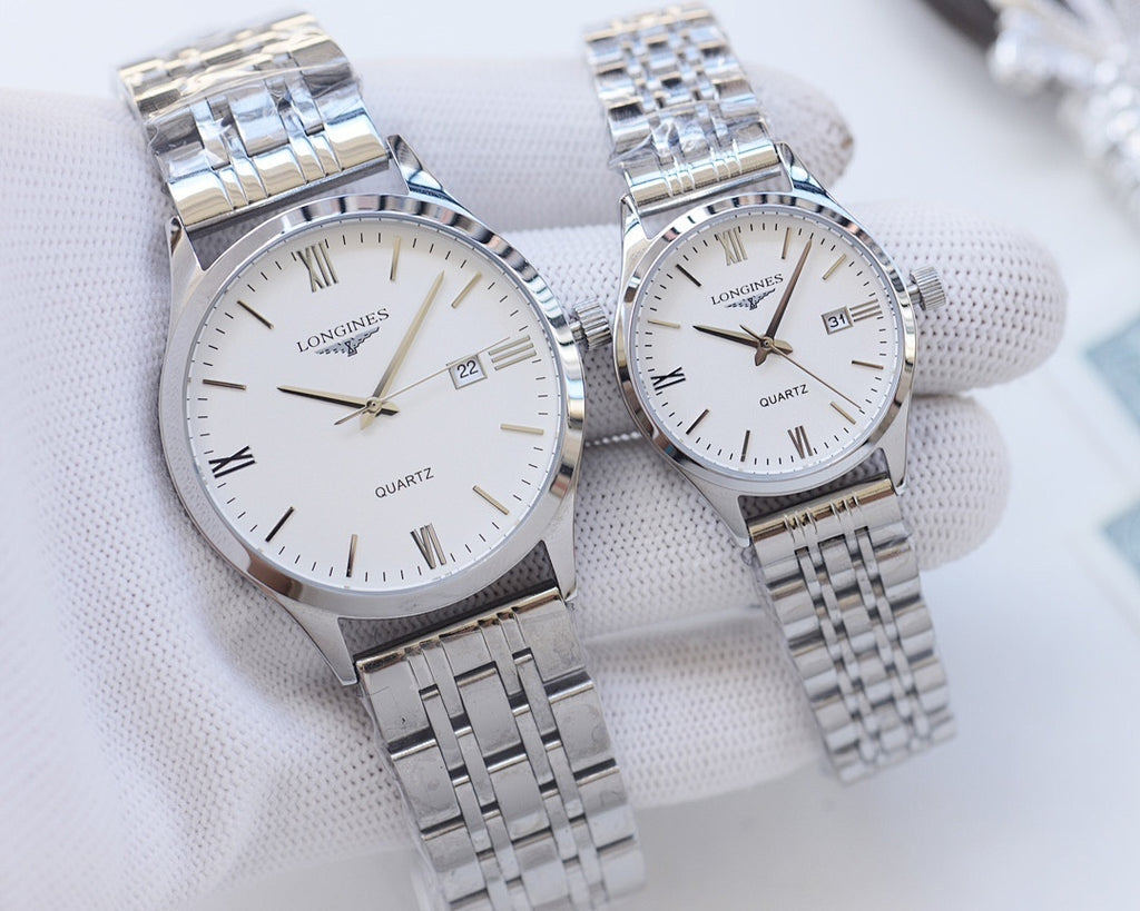 Longines watch pair with stainless steel bracelet and white dial