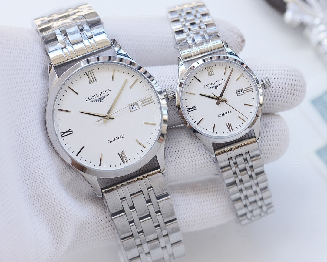 Longines watch pair with stainless steel bracelet and white dial