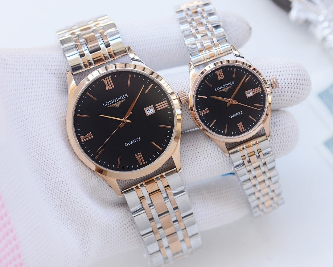 Longines watch pair with two-tone metal bracelet and black dial