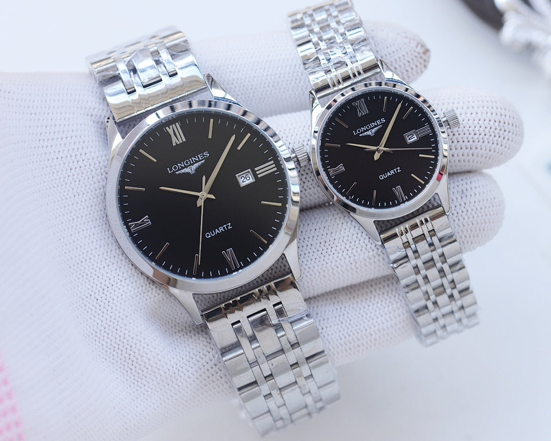 Longines watch pair with stainless steel bracelet and black dial