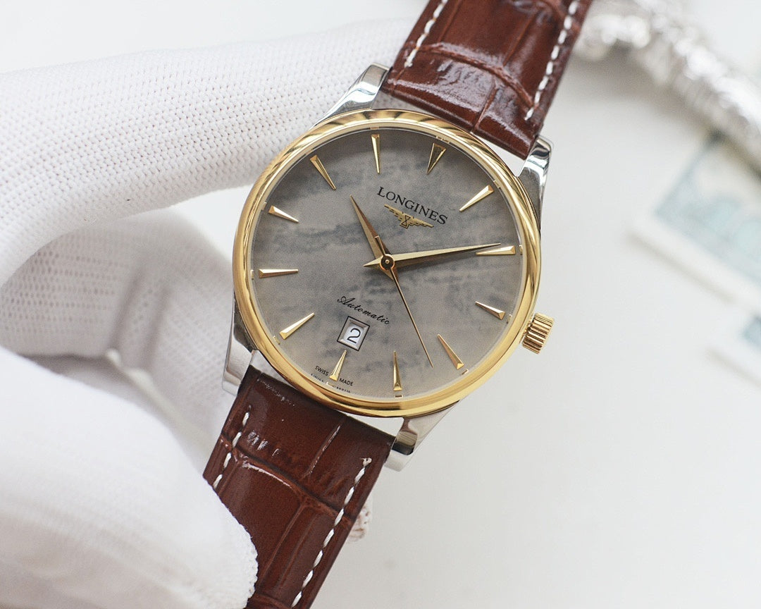 Longines wrist watch with gold-tone case, gray dial, brown leather strap.