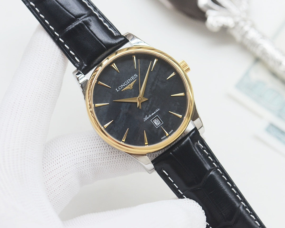 Longines wrist watch with gold-tone case, dark dial, black leather strap.