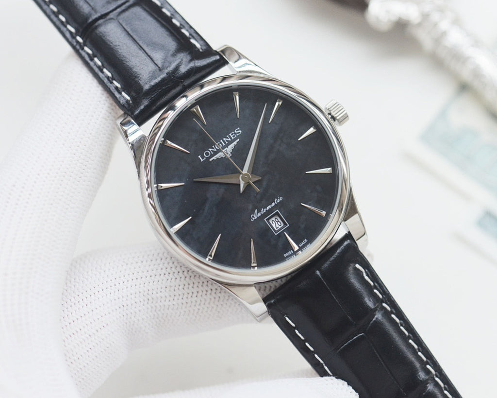 Longines wrist watch with silver-tone case, dark dial, black leather strap.