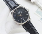 Longines wrist watch with silver-tone case, dark dial, black leather strap.