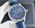 Automatic wristwatch by Longines, blue dial, silver case, blue leather strap, date window