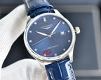 Automatic wristwatch by Longines, blue dial, silver case, blue leather strap, date window
