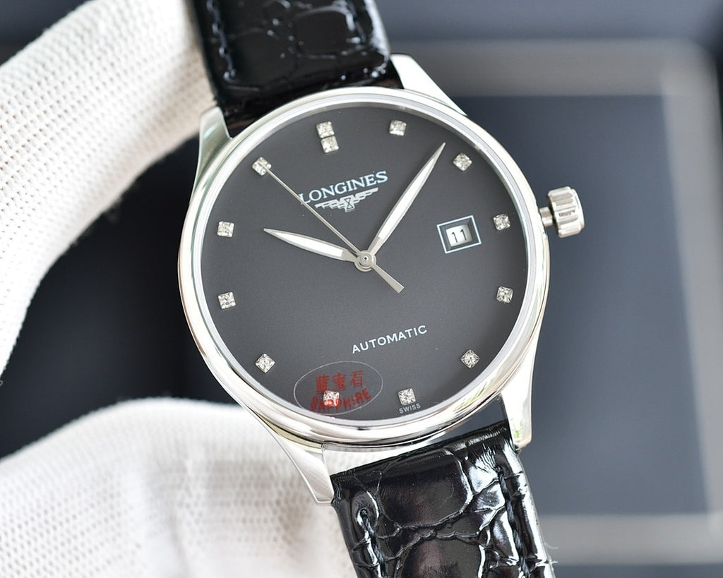 Automatic wristwatch by Longines, dark dial, silver case, black leather strap, date window