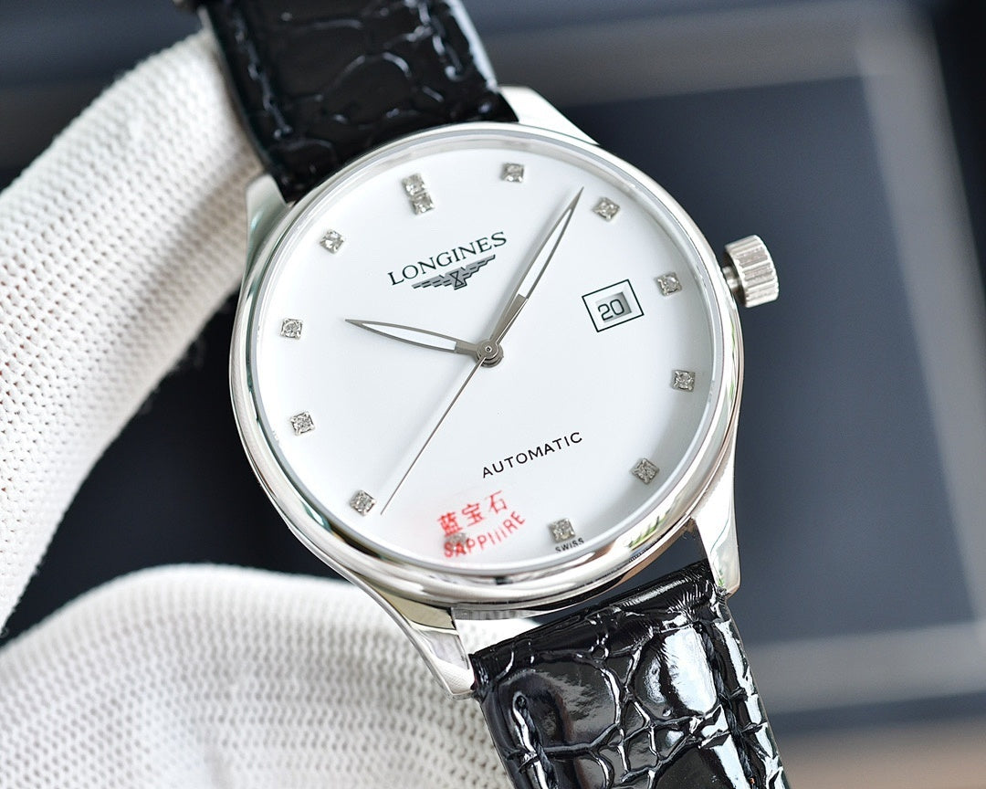 Automatic wristwatch by Longines, white dial, silver case, black leather strap, date window