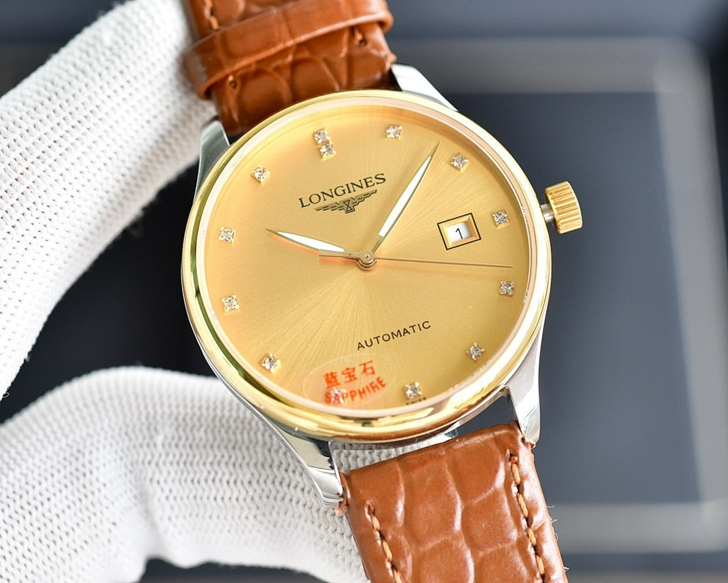 Automatic wristwatch by Longines, gold dial, gold-tone case, brown leather strap, date window