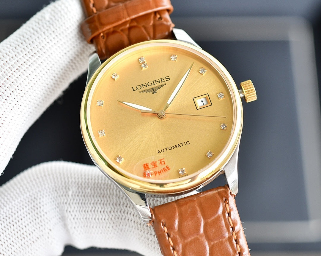 Automatic wristwatch by Longines, gold dial, gold-tone case, brown leather strap, date window