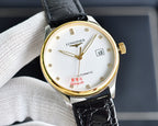 Automatic wristwatch by Longines, white dial, gold-tone case, black leather strap, date window