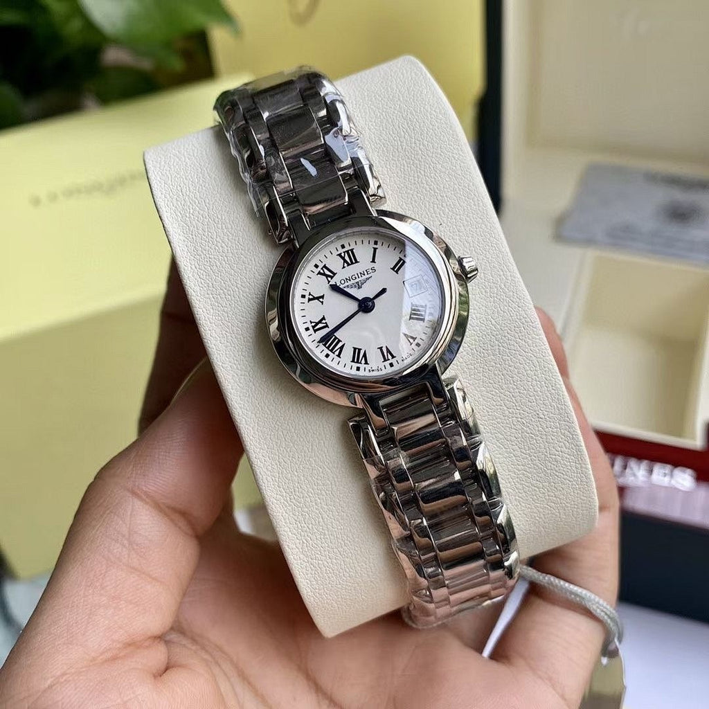 Longines watch with stainless steel link bracelet and white Roman numeral dial