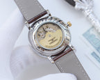 Analog wristwatch with brown leather strap, see-through caseback with inner mechanism