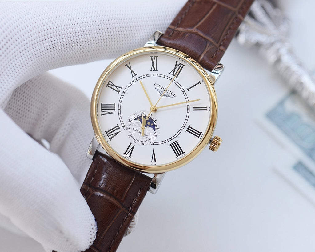 Analog wristwatch with brown leather strap, gold-tone round case, Roman numeral dial