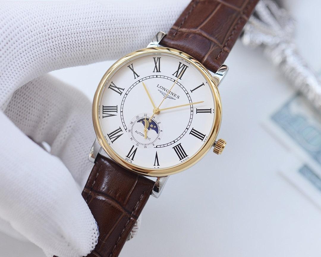 Analog wristwatch with brown leather strap, gold-tone round case, Roman numeral dial