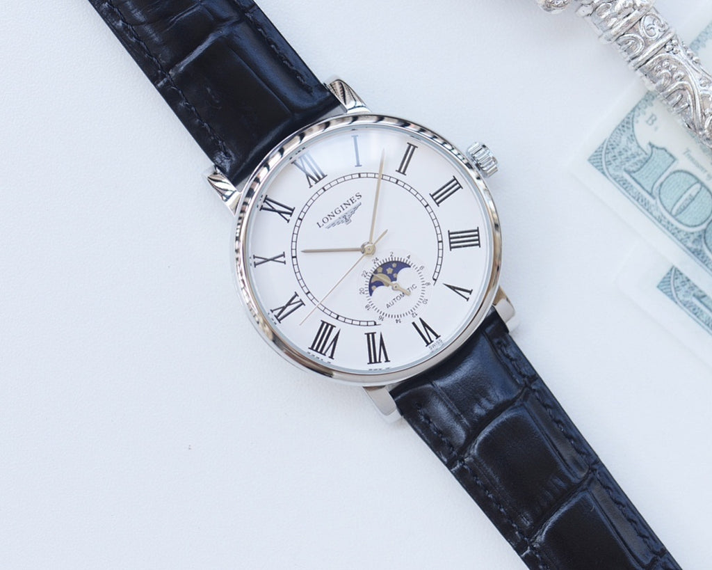 Longines watch with dark blue leather strap and silver round case, Roman numeral dial
