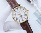 Analog wristwatch with brown leather strap and gold-tone round case, Roman numeral dial