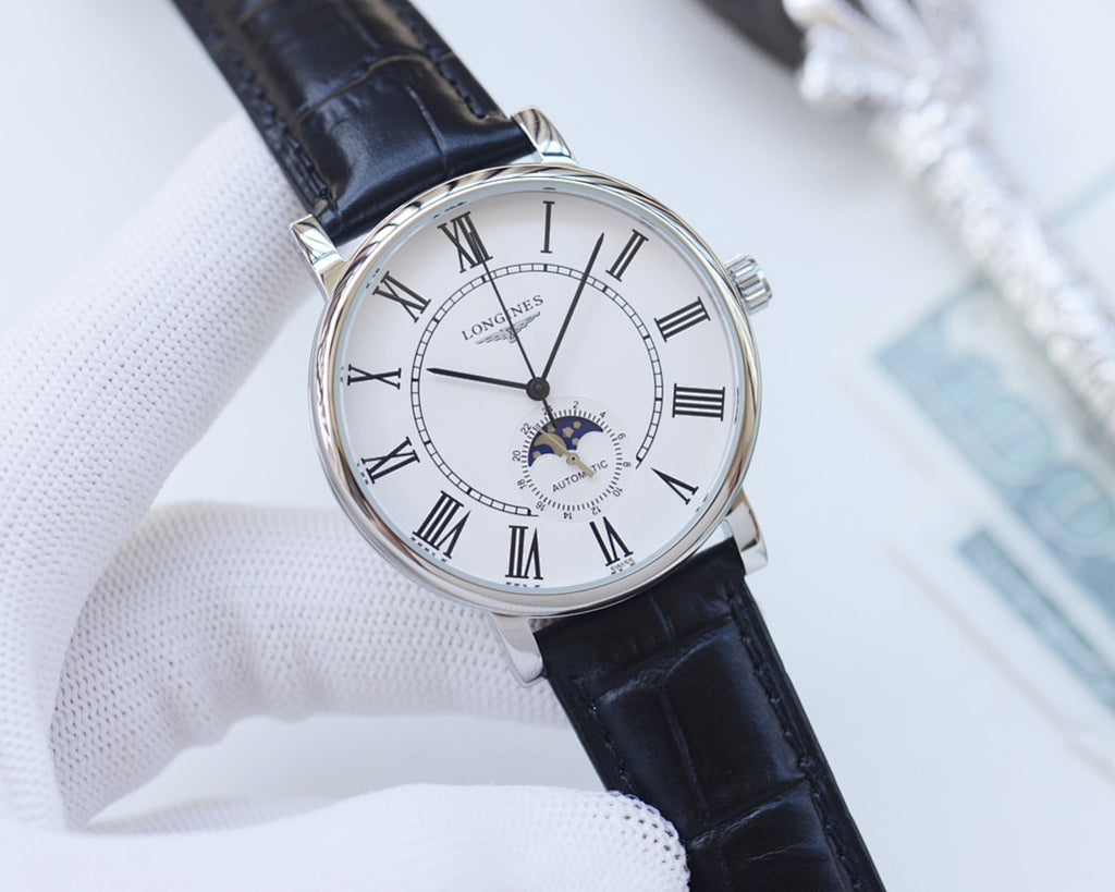 Longines watch with dark blue leather strap and silver round case, Roman numeral dial